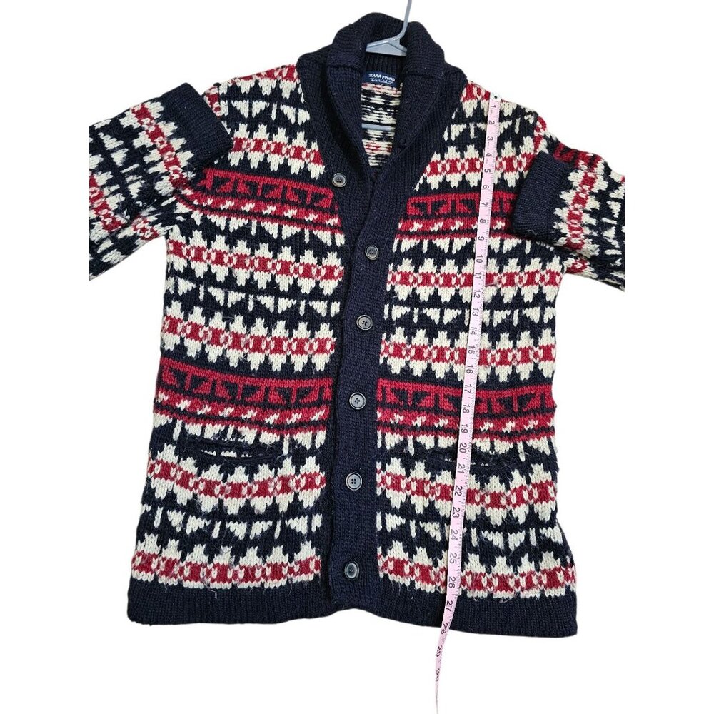 Zara Young Mens Large Shawl Collar Fair Isle Cardigan Wool Blend Knit Sweater - Picture 7 of 7